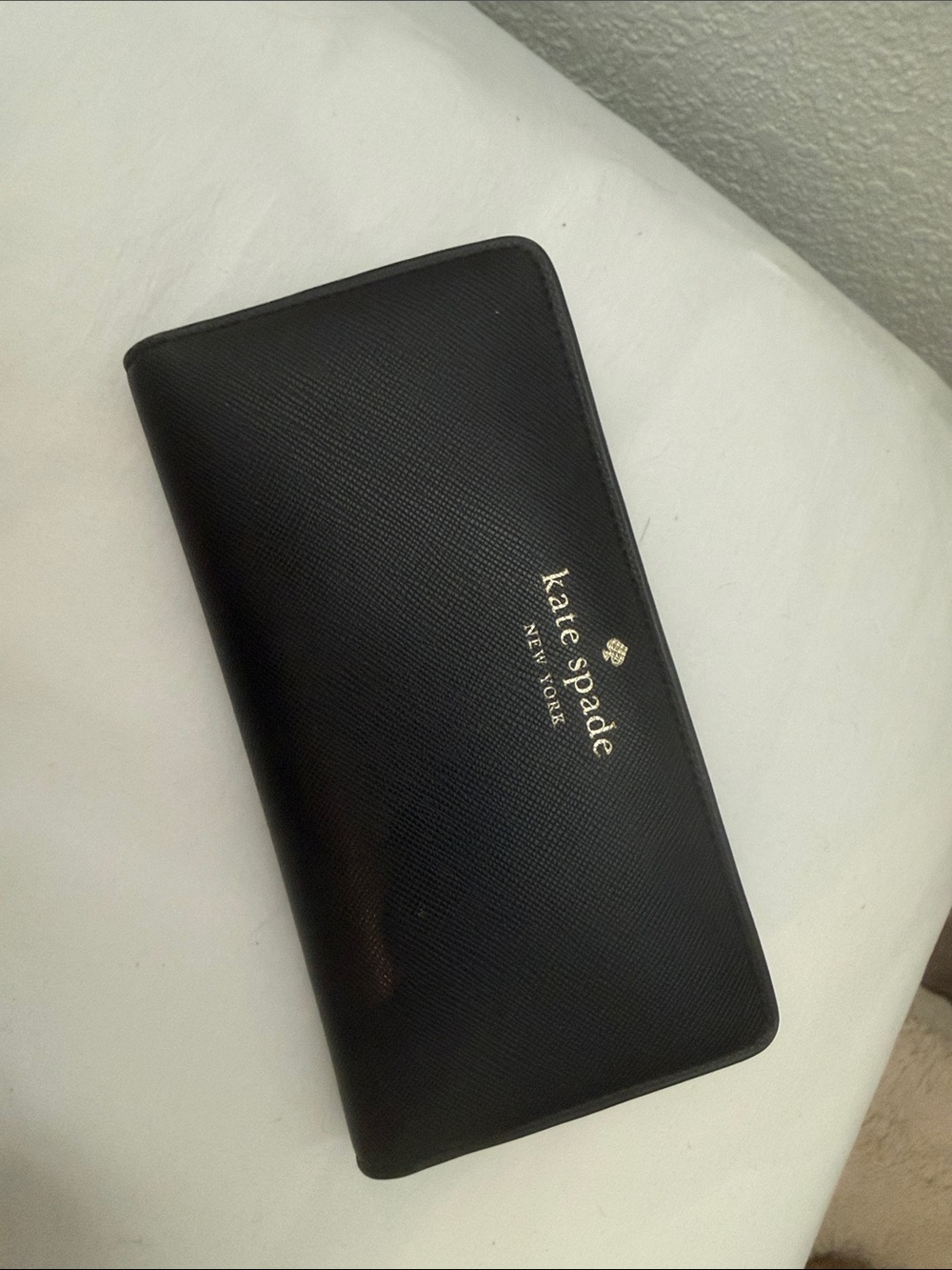 kate spade Black Saffiano Leather Continental Zip Wallet with Gold Logo